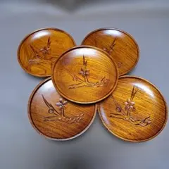 木製 銘々皿 5枚セット 花柄 彫り