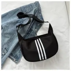 ショルダーバッグ ブラック 白ライン ストライプ 男女兼用 スポーティー