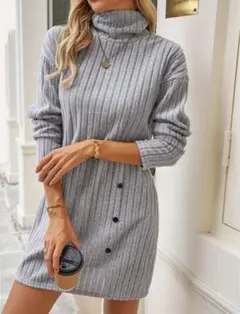 【新品Black Friday】レディース 長袖リブニットセーターワンピース