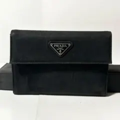 PRADA 三つ折り財布 ナイロン ブラック レザー 三角 トライアングル 黒
