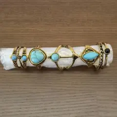 アンティーク ターコイズブルー トルコ石風 ゴールドリング5点セット