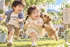 子供と子犬 庭遊び 幻想デジタルアート ポストカード
