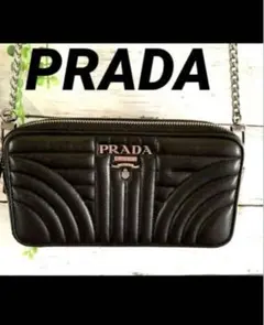 極美品　PRADA キルティングWジップ チェーンウォレット ローマ字エンブレム