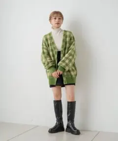 Kastane 起毛チェックニットカーデ