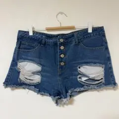 野球ボール風ステッチ デニムショートパンツ ダメージ加工 ボタンフライ XL相当