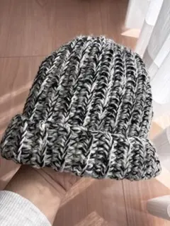 ニット帽 黒と白の杢 フリーサイズ