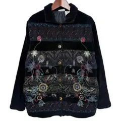 海外古着 レトロ 豪華刺繍 ビジュー 花 フラワー ベルベットジャケット 黒 M