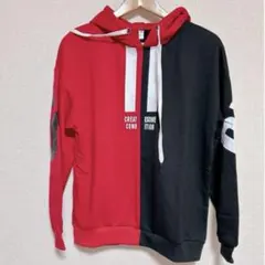 メンズ パーカー 秋服 フード 長袖 レッド×ブラック Lサイズ