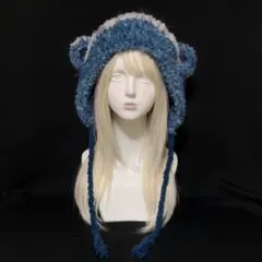 くまさんボンネット バラクラバ ハンドメイド 編み物 ブルー