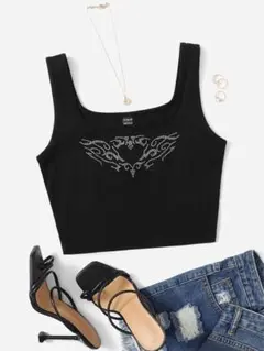 シルバーラメ ストーン タンクトップ ブラック shein y2k