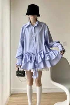 ストライプフリルヘムシャツチュニック/ブルー frene同型 大人可愛い 着映え