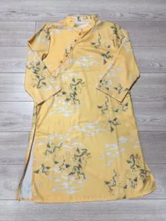 【新品タグ付】イエロー チャイナ風 ロングトップスワンピース M 鳳凰 龍柄