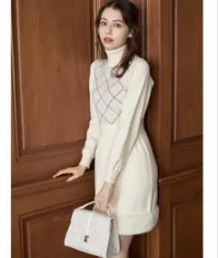 トッコクローゼット　裾ファー付きタートルネックジャガードニットワンピース