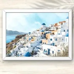 A4 サントリーニ島の白い街並みと青いドーム 風景アート インテリアポスター