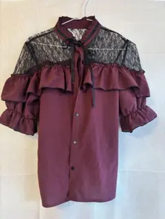 ワインレッド フリル 半袖ブラウス 地雷量産