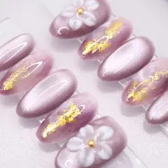 【704】ネイルチップSサイズ 紫パープル金箔 3D花柄　ニュアンス　マグネット