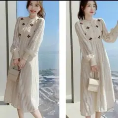 花柄ニットワンピース レディース 刺繍あり 長袖 韓国風