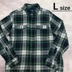 USA古着　フランネルシャツ　L　グリーン　ホワイト　チェック柄　ダブルポケット