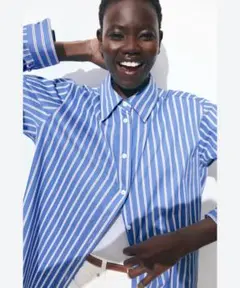 青と白のストライプ 長袖シャツ EUR-XL