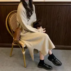 【新品】 ニットワンピ リブニット タートルネック スリットワンピ　ロング