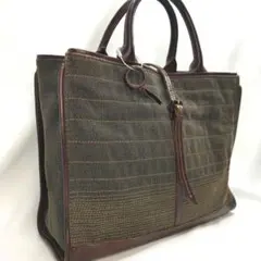 genten 本革×キャンバスレザーハンドバッグ ミモザトートバッグ ブラウン