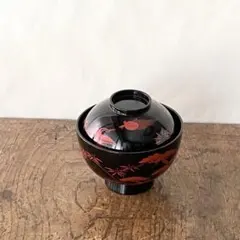 伝統　木製椀 黒地 赤い模様　漆絵　鶴　亀　松竹梅　骨董　アンティーク