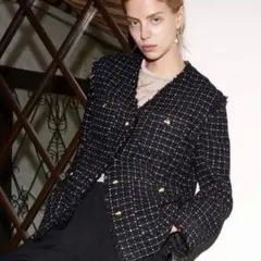 【高級】FRAY I.D ノーカラーツイードジャケット　ツイード　フリンジ