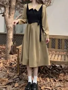 【新品未使用】黒と茶色のAラインワンピース LLサイズ