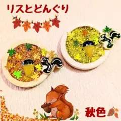 秋色✨️リスとどんぐりのぱっちんどめORブローチ