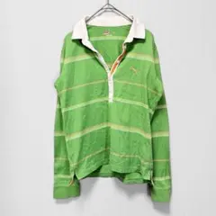 プーマ ボーダーラガーシャツ L 緑×白 刺繍ロゴ 長袖 スポーツウェア