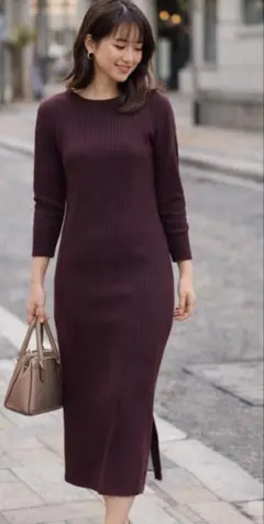 【ユニクロ】リブ編み 長袖ニットワンピース　ボルドーカラー