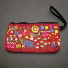 新品 エンジ色☆ 刺繍 ベトナム雑貨 ポーチ、筆箱、ミニバック