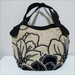 花柄ビーズ刺繍 ハンドバッグ アジアン雑貨 ベトナムバッグ 生成り 花刺繍