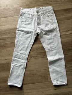 ホワイトデニムパンツ ダメージ加工 スリムフィット ANTGAUGE