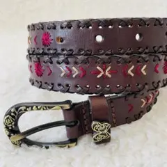 【美品】ANNA SUI ベルト 焦げ茶 アナスイ レザーベルト 編み込み 刺繍