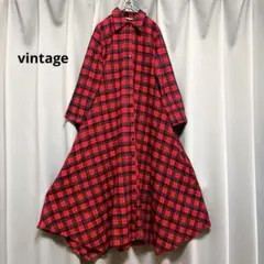 vintage タータンチェックたくし上げ変形フレアネルシャツロングワンピース