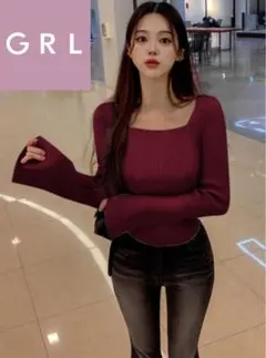 GRL スクエアネックフレアスリーブリブニットトップス[k9153c] ボルドー