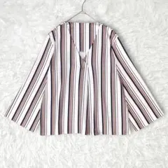 イング　ストライプカットソー　Vネック　七分袖　白×紺×ベージュ×赤　ブラウス