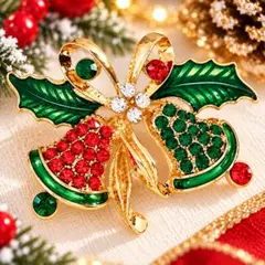 クリスマス ベル ブローチ ラインストーン 柊 リボン ゴールド 赤 緑 新年