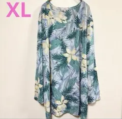 ★海外古着 XL ラインストーン ボタニカル チュニック 花柄 ブルー ゆるだぼ