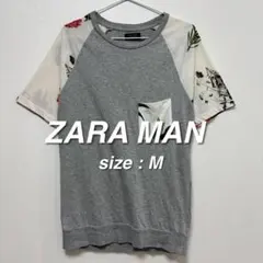 ZARA MAN 花柄 切り替え 半袖Tシャツ M グレー ラグラン 胸ポケット