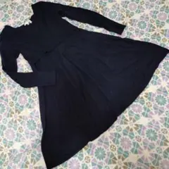 ネイビー リブ編み ひざ丈ワンピース M