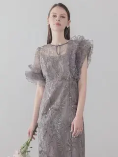 アシンメトリーチュールフリルスパンコールIラインワンピースドレス結婚式パーティー