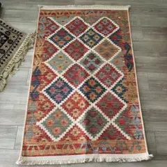 80*120cm トルコキリム　ダイヤモンドパターン ラグ 約