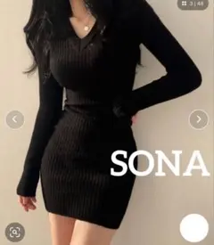 韓国 Vネック リブニット ミニワンピース ブラック 黒 sona ソニョナラ