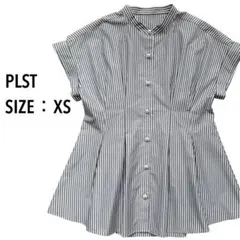 人気】PLST パールボタン ペプラム風 タックブラウス ブラック M 
