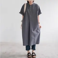 シャツワンピース 着痩せ ポケット付き ゆったりI 半袖 無地＆シンプル 新品