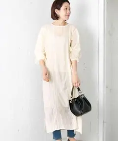 O1017アーバンリサーチロングワンピース長袖オフホワイト白コットン綿刺繍レース