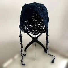 ハンドメイド　ボンネット　バラクラバ　ネイビ　レース編み