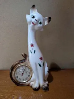 猫 置物 温度計付き陶器 昭和レトロ 花柄